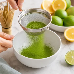 Pó de matcha peneirado em uma tigela para limonada gelada de matcha