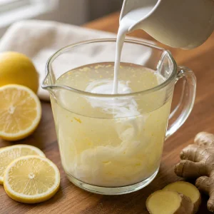Lait de coco versé dans une eau de coco citronnée en volutes
