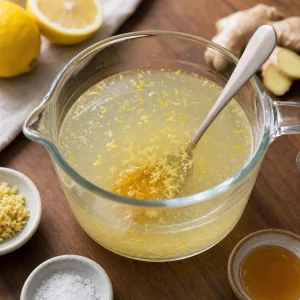 Mélange eau de coco et citron remué avec gingembre et miel