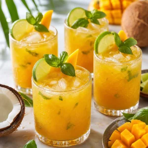Cold mango coconut rum cocktails ready to serve with tropical garnish