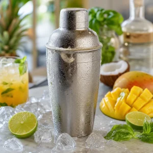 Icy cocktail shaker chilled with mango, lime and basil nearby