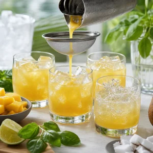 Mango coconut cocktail strained into four ice-filled glasses
