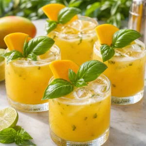 Mango coconut rum cocktails garnished with lime, mango and basil