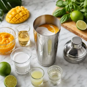 Mango puree, rum, coconut cream, lime juice and syrup beside a shaker