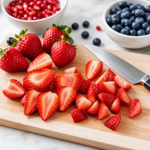 Fresas cortadas en mitades y cuartos sobre una tabla