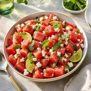 Gekühlter Wassermelonen-Feta-Salat wird sofort mit Limette und Minze auf einem Sommertisch serviert