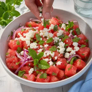 Zerbröselter Feta und frische Minze werden vor dem Servieren über den Wassermelonensalat gestreut