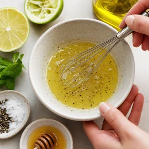 Limetten-Dressing wird mit Olivenöl, Honig, Salz und Pfeffer in einer kleinen Schüssel verrührt