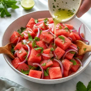 Limetten-Dressing wird vor dem vorsichtigen Mischen über Wassermelone, rote Zwiebel und Minze geträufelt