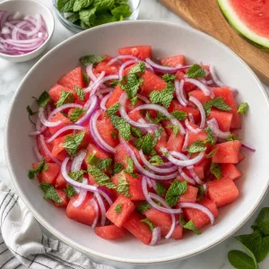 Dünne rote Zwiebelscheiben und gezupfte Minzblätter auf frischen Wassermelonenwürfeln