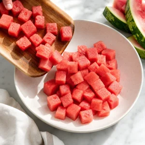 Gleichmäßige Wassermelonenwürfel werden in eine breite Servierschale für den Salat gegeben