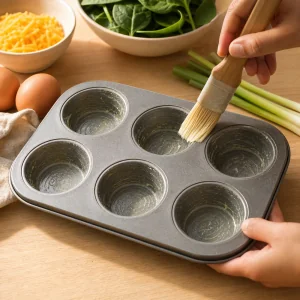 A greased six-cup muffin tin on a wooden counter