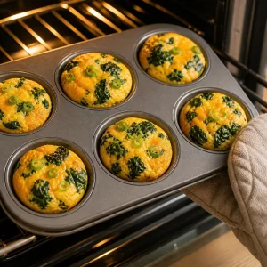 Baked spinach egg muffins in a tin with lightly golden tops