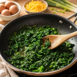 Chopped spinach wilting in olive oil in a skillet