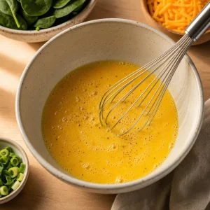 Eggs and milk whisked with seasoning in a ceramic bowl