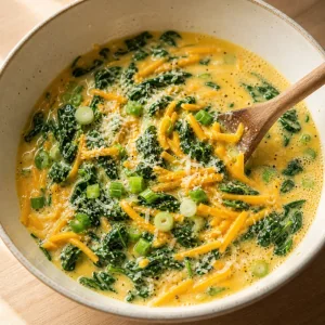 Spinach, cheddar, green onions, and Parmesan stirred into eggs