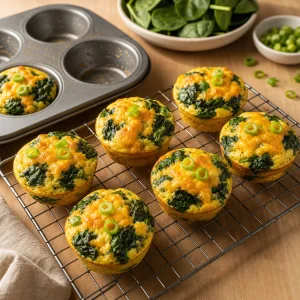 Spinach egg muffins cooling on a wire rack beside the tin
