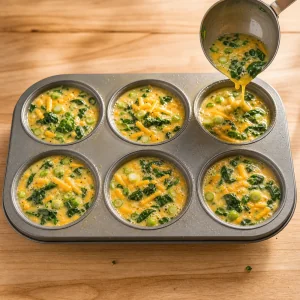 Unbaked spinach egg mixture poured into six muffin cups