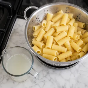 Drained rigatoni with a measuring cup of reserved pasta water nearby.