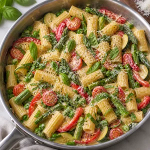 Finished rigatoni primavera folded with fresh basil and Parmesan.