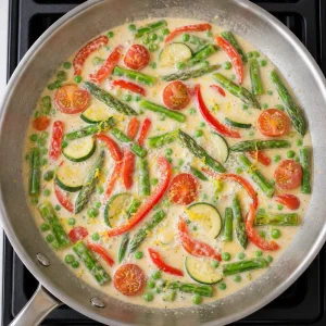Primavera vegetables simmering in a light cream sauce with lemon.