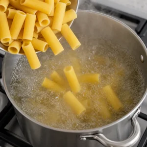 Rigatoni cooking in a large pot of boiling salted water.