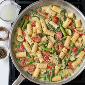 Rigatoni primavera loosened with reserved pasta water and seasoned with black pepper.