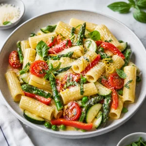 Rigatoni primavera with asparagus, peas, zucchini, cherry tomatoes, basil, and Parmesan cream sauce.