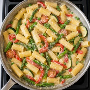 Rigatoni tossed with vegetables, Parmesan, and a glossy cream sauce.