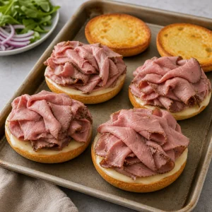Cienkie plastry rostbefu ułożone na roztopionym provolone w opieczonych bułkach
