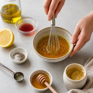 Vinagrete cítrico batido com azeite, vinagre, limão, Dijon e mel