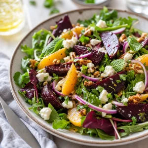 Salada pronta de beterraba assada com feta esfarelado e nozes torradas