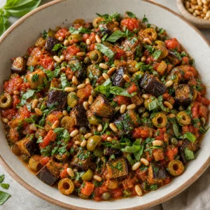 Finished caponata topped with parsley, basil, and toasted pine nuts