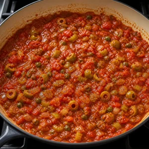 Glossy tomato sauce with olives, capers, celery, onion, and raisins simmering in a skillet
