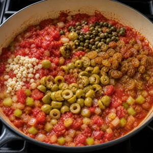 Tomato mixture with olives, capers, garlic, celery, onion, and raisins in a skillet