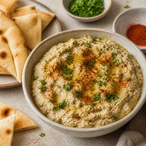 Finished roasted eggplant garlic spread topped with parsley, olive oil, and smoked paprika