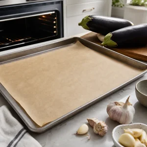 Parchment-lined baking sheet ready for roasting eggplants and garlic