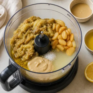 Roasted eggplant and garlic in a food processor with tahini, lemon, olive oil, and salt