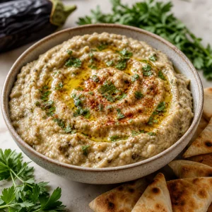 Roasted eggplant garlic spread with fresh herbs, olive oil, and smoked paprika