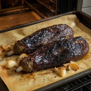 Roasted eggplants with charred wrinkled skins and softened garlic