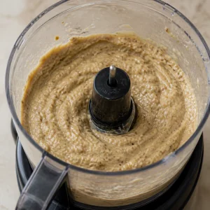 Slightly textured roasted eggplant garlic spread after pulsing