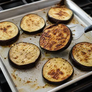 A browned roasted eggplant round lifted from the sheet pan