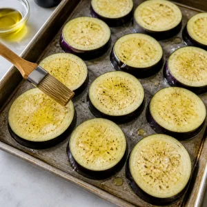 Raw eggplant rounds brushed with oil and seasoning on a sheet pan