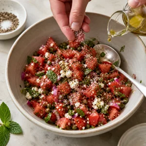 Seasoning being added to the tomato and mint mixture