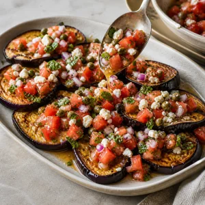 Tomato and mint topping spooned over roasted eggplant rounds