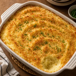Cazuela de papas horneada con cubierta dorada y cebollino