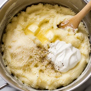 Mantequilla, crema agria, parmesano y pimienta sobre puré de papas