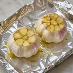 Cabezas de ajo abiertas sobre papel de aluminio con aceite de oliva