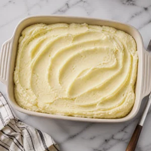 Puré de papas alisado en una fuente con ondas marcadas
