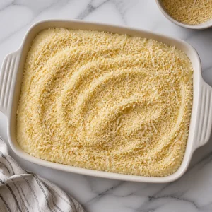 Cubierta de panko y parmesano repartida sobre el puré de papas